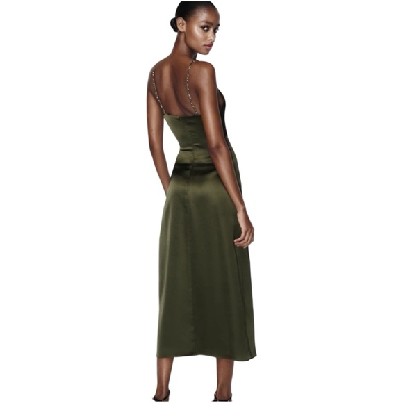 NWT ZARA Olive Sage Green Satin Midi Slip Dress Beaded Spaghetti Straps Women XS - Picture 3 of 16
